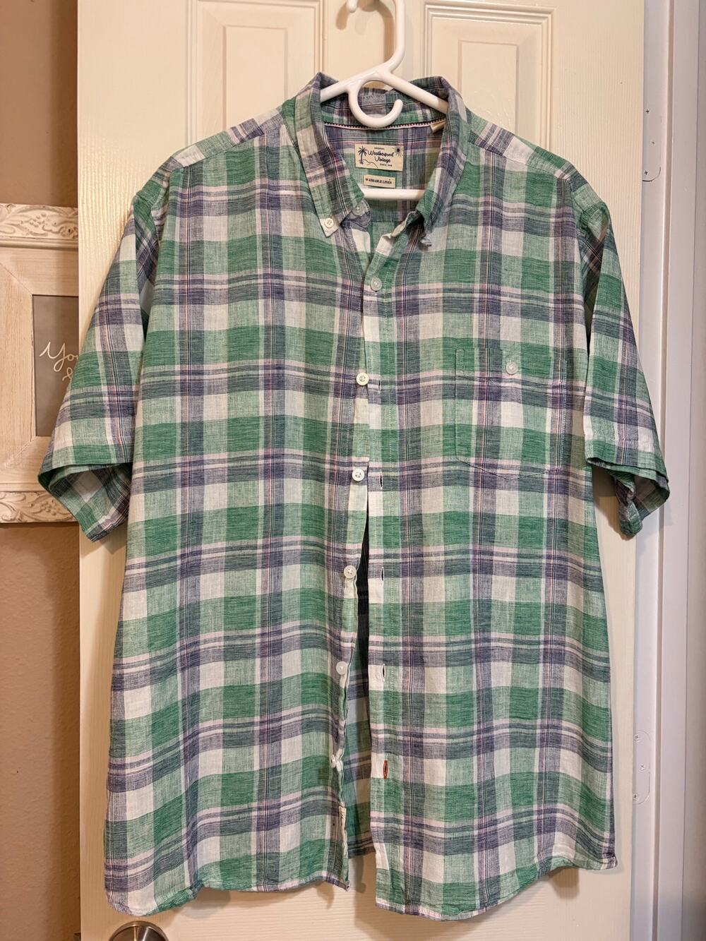 Weatherproof Vintage Linen Shirt Men’s XXL Green Plaid Short Sleeve Button Up